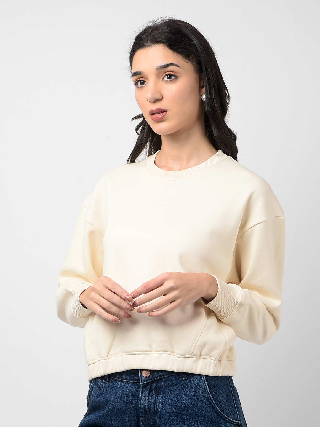 Numero Uno Women Solid Cream Sweat Shirt